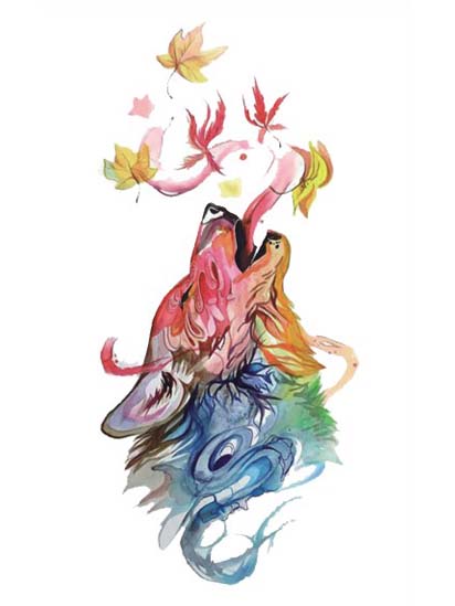 Watercolor Leaves Wolf