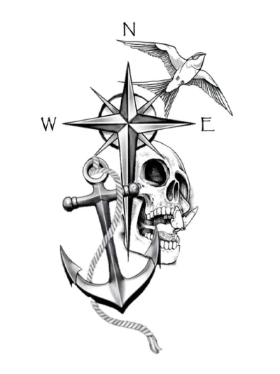 Compass Anchor Skull Tattoo